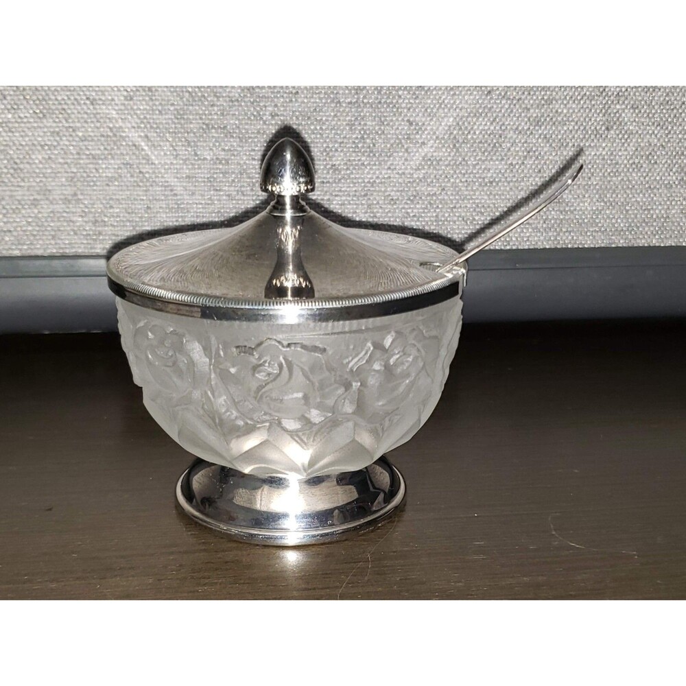 WILLIAM ADAMS FROSTED GLASS ROSE BOWL w/Lead Crystal & Silver plated LID  ITALY